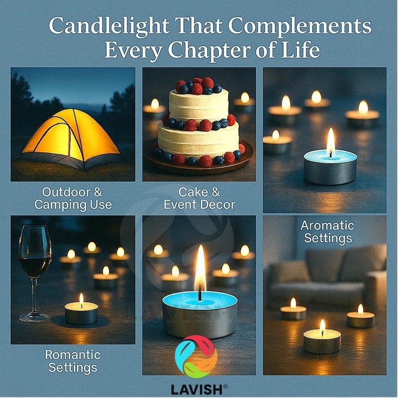 لافيش شموع شاي زرقاء بدون رائحة، ٥٠ قطعة، بفتيل قطني | مدة احتراق ساعتين | لون أبيض | مناسبة لرمضان، عيد الفطر، ديوالي، بوجا، حفلات الزفاف، عيد الميلاد، والسبت - Image 3