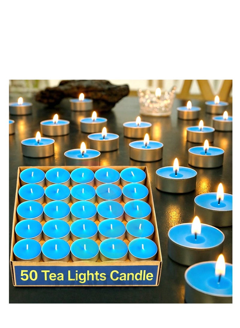 لافيش شموع شاي زرقاء بدون رائحة، ٥٠ قطعة، بفتيل قطني | مدة احتراق ساعتين | لون أبيض | مناسبة لرمضان، عيد الفطر، ديوالي، بوجا، حفلات الزفاف، عيد الميلاد، والسبت - Image 1