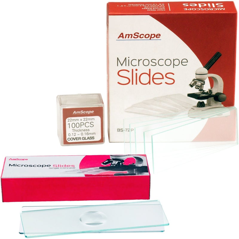 AmScope AmScope BSC1272P100S22 72 PreCleaned Blank Plate Microscope Slides and 12 Single Depression Concave Slides Plus 100 Coverslips  - Image 1