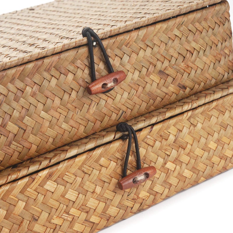 DOKOT Flat Seagrass Storage Bins with Lid, Wicker Basket for Shelf Organize, Set of 2 (Small+Large) - Image 4
