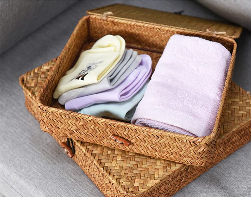 DOKOT Flat Seagrass Storage Bins with Lid, Wicker Basket for Shelf Organize, Set of 2 (Small+Large) - Image 2