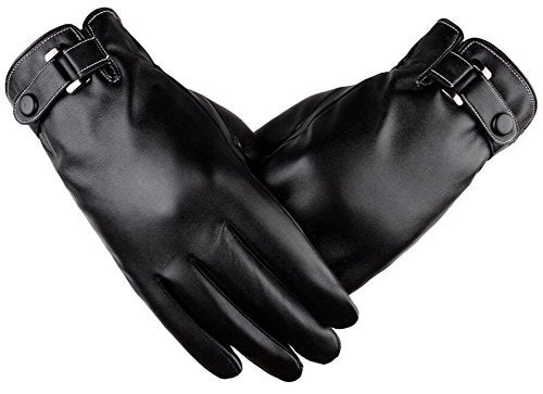 AZYOUNG Men’s Winter Autumn Black Brown PU Leather Plus Thick Velvet Touch Screen Gloves - Image 1