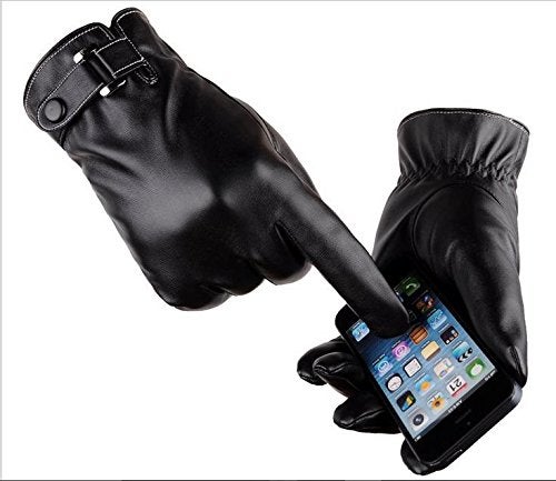 AZYOUNG Men’s Winter Autumn Black Brown PU Leather Plus Thick Velvet Touch Screen Gloves - Image 2