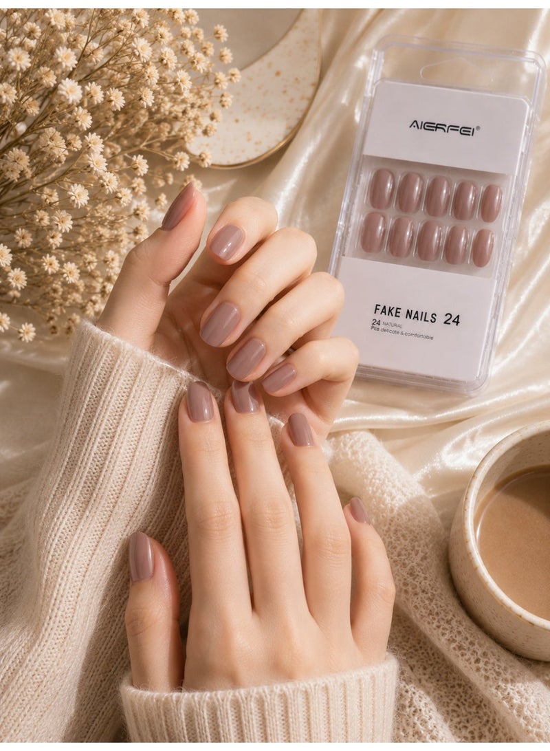 AIERFEI Premium Dusty Pink Glossy Press On Nails – 24 Pcs Reusable Fake Nails Set for Women, Short Oval Full Cover Artificial Nails with Comfortable Fit for Daily Wear & Parties - Image 1