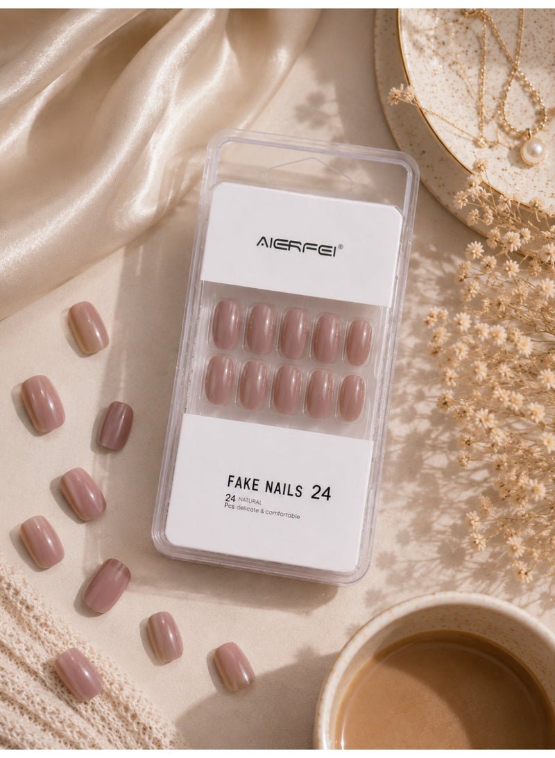 AIERFEI Premium Dusty Pink Glossy Press On Nails – 24 Pcs Reusable Fake Nails Set for Women, Short Oval Full Cover Artificial Nails with Comfortable Fit for Daily Wear & Parties - Image 2
