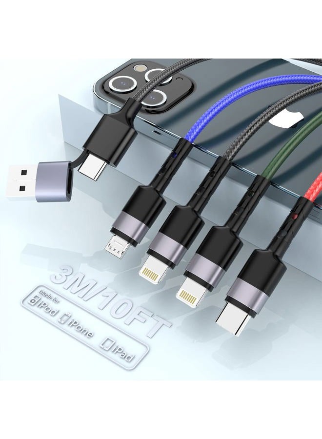 MTAKYI 10 Ft USB C Multi Fast Charging Cable Universal USB Cellphone Cables 4 in 1 Charging Cord with Lightning*2+Type C+Micro USB Nylon Braided Charger Cord Adapter for Apple iOS iPhone/Android/Samsung - Image 1