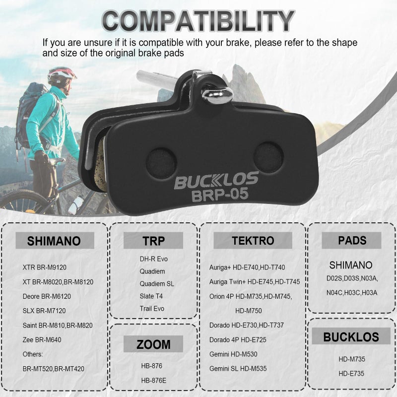 BUCKLOS Bike Disc Brake Pads - Bicycle Disk 4 Piston Pads for Shimano D02S D03S Saint Deore XT XTR SLX Zee/Tektro/TRP for Mountain Bike/Road Bike/Ebike/MTB(Resin) - Image 3