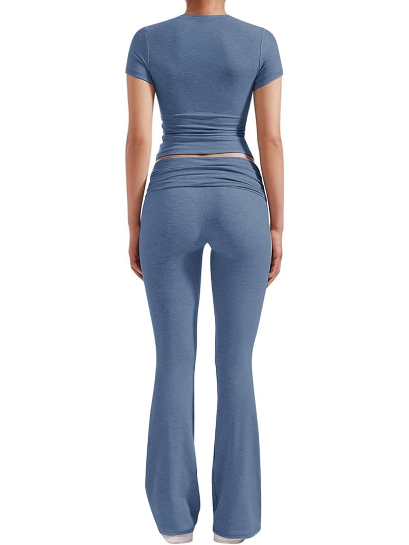 ZFLM Casual Workout Two Piece Outfits for Women Short Sleeve Crop High Waist Foldover Flare Pants Tracksuit Sets Streetwear - Image 3