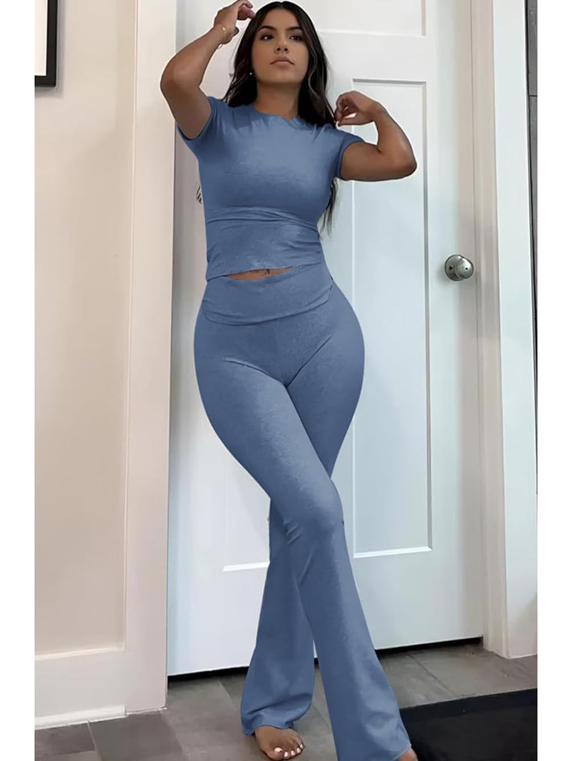 ZFLM Casual Workout Two Piece Outfits for Women Short Sleeve Crop High Waist Foldover Flare Pants Tracksuit Sets Streetwear - Image 4