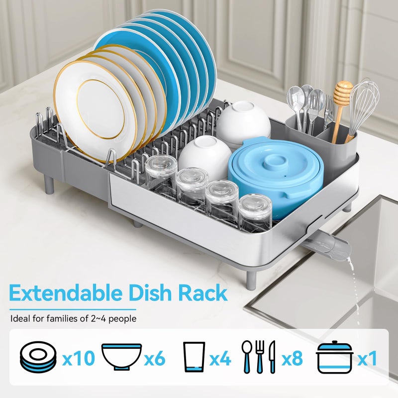 Urackify Dish Drying Rack, 304 Stainless Steel Dish Drainer with Removable Utensil Holder & Drain Board, Rustproof Space-Saving Dish Rack for Kitchen Countertop, Grey - Image 3