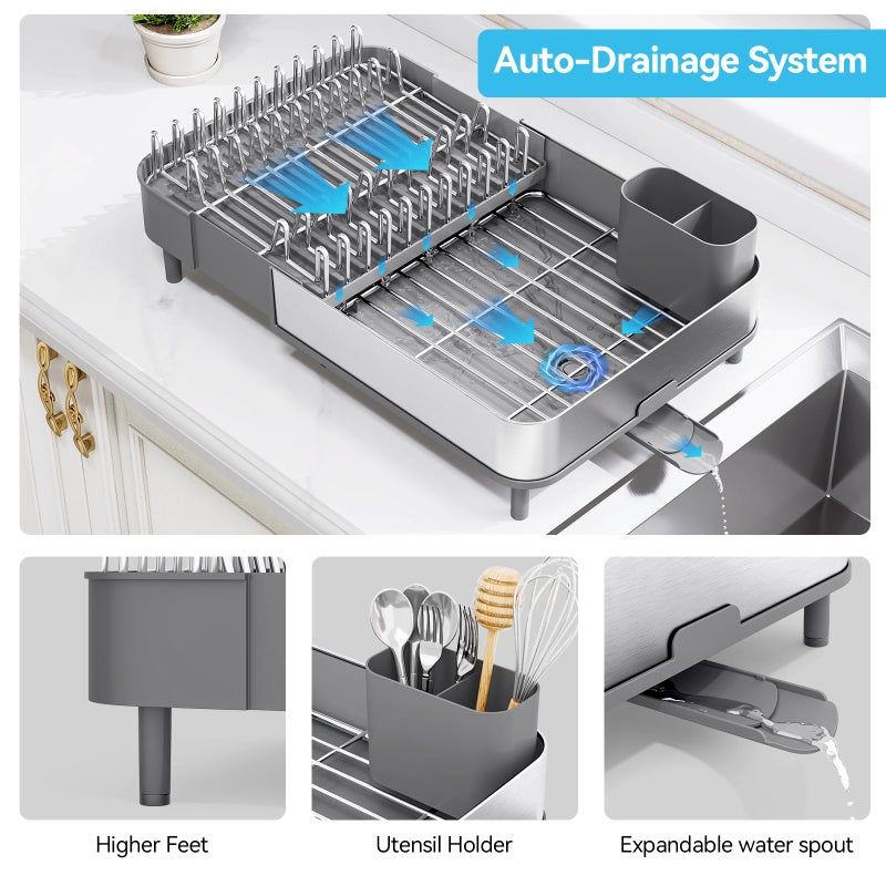Urackify Dish Drying Rack, 304 Stainless Steel Dish Drainer with Removable Utensil Holder & Drain Board, Rustproof Space-Saving Dish Rack for Kitchen Countertop, Grey - Image 5