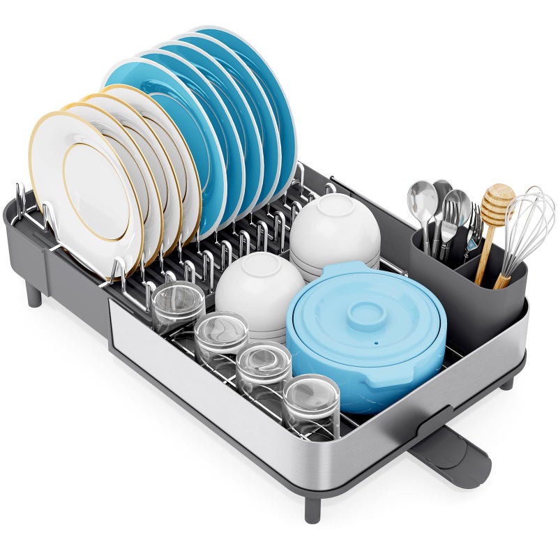 Urackify Dish Drying Rack, 304 Stainless Steel Dish Drainer with Removable Utensil Holder & Drain Board, Rustproof Space-Saving Dish Rack for Kitchen Countertop, Grey - Image 1