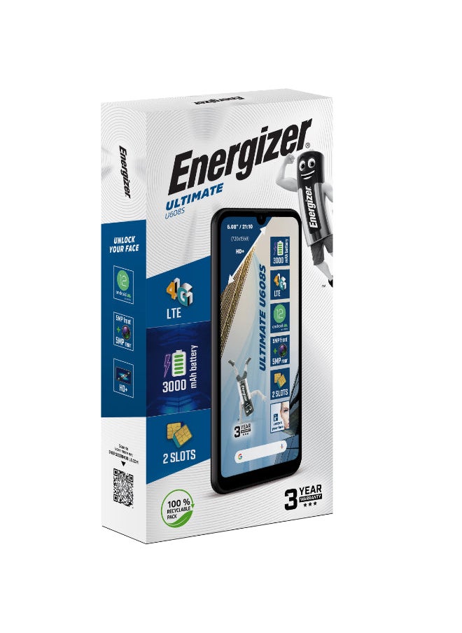 Energizer - U608S Mobile Phone - 6.08" TFT LCD Screen, 4G WiFi/GPS/GSM/HSPA/LTE, Android 11 Smart Phone w/ Dual SIM, 16GB ROM/1GB RAM, 3000mah Long Battery Life, 5.0MP Camera + VGA, MicroUSB port - Black - Image 1