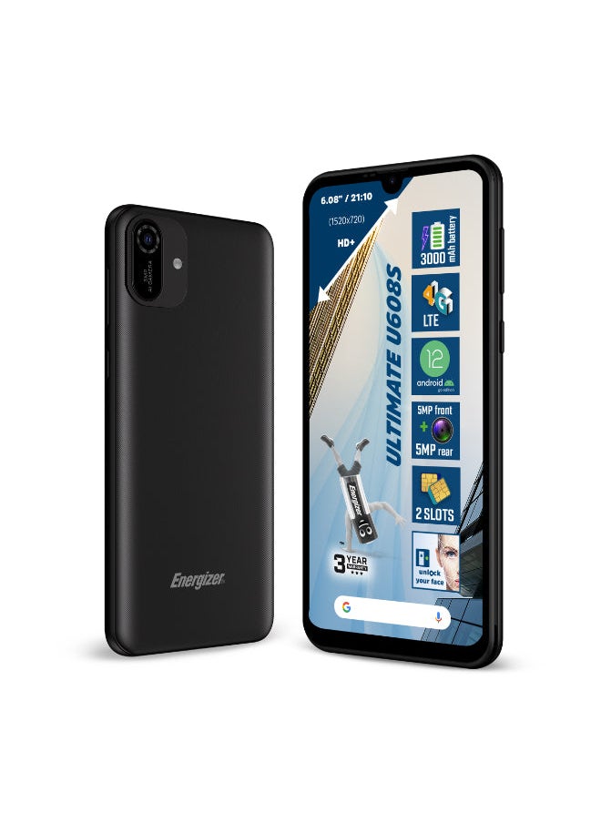 Energizer - U608S Mobile Phone - 6.08" TFT LCD Screen, 4G WiFi/GPS/GSM/HSPA/LTE, Android 11 Smart Phone w/ Dual SIM, 16GB ROM/1GB RAM, 3000mah Long Battery Life, 5.0MP Camera + VGA, MicroUSB port - Black - Image 1
