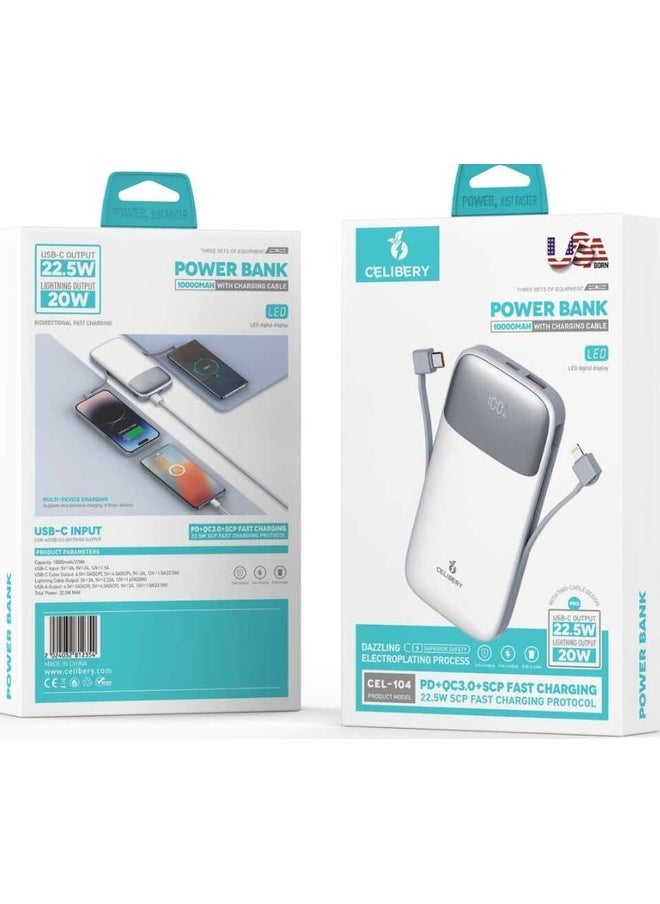 CELIBERY - 10000 mAh Power Bank, 22.5W Max Fast Portable Charger with Built-In USB-C and Lightning Cable, White - Image 1