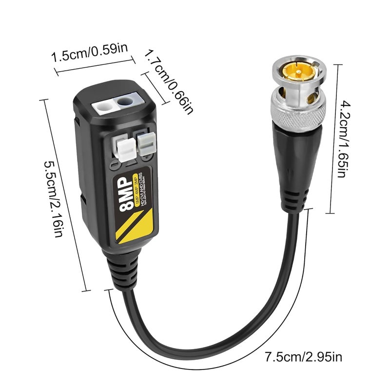 MESHIV 8MP Passive Video Balun Set Push Terminal CCTV HD TVI CVI AHD BNC UTP Pair for HD Camera Black BVB8MP Black Pack of 5 - Image 5