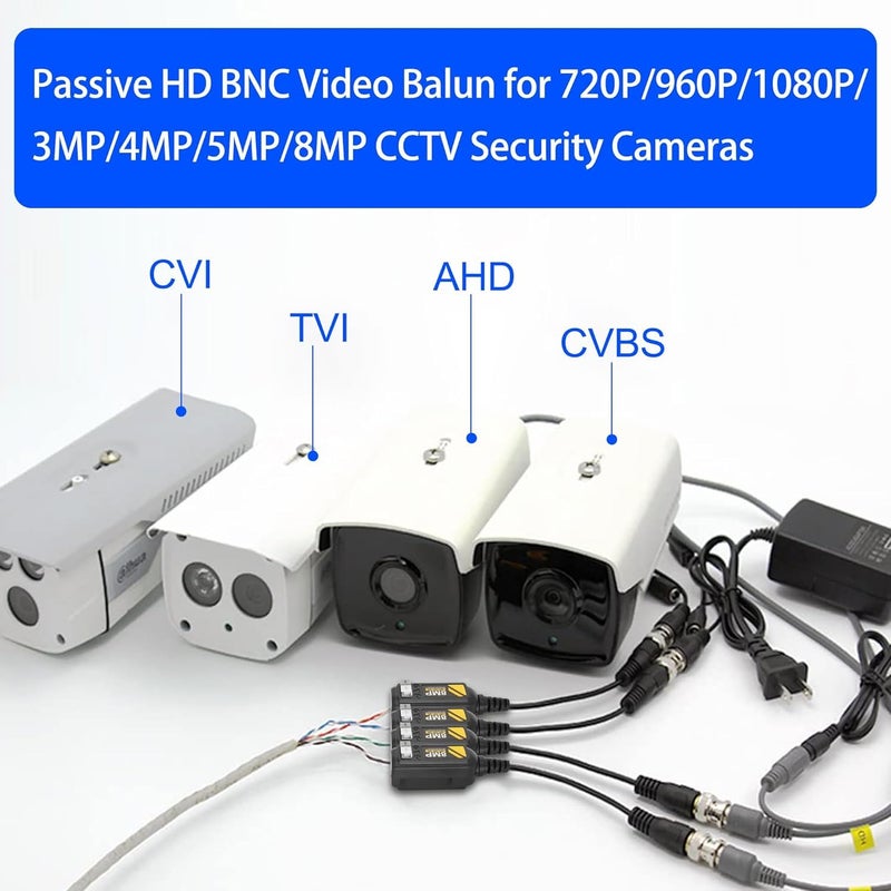 MESHIV 8MP Passive Video Balun Set Push Terminal CCTV HD TVI CVI AHD BNC UTP Pair for HD Camera Black BVB8MP Black Pack of 5 - Image 3