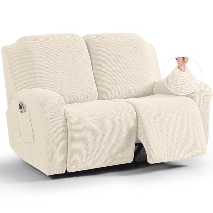 RECLINER LOVESEAT SLIPCOVER 6 PIECES DUAL RECLINER SOFA COVERS FOR 2 SEAT DUAL RECLINING LOVESEAT COUCH STRETCH SOFT JACQUARD PATTERN FURNITURE PROTECTOR WITH ELASTICITY BEIGE WHITE