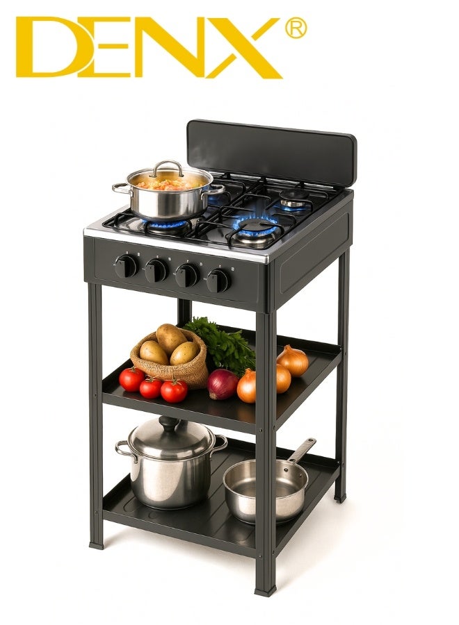 DENX 4-Burner Gas Stove Model DX2813 with Electronic Ignition, Desktop Design with Integrated Stand and Dual Storage Shelves, Heavy-Duty High-Temperature Painted Body, Ideal for Home Cooking, Camping, Outdoor Grilling, Fishing, and Emergency Use - Image 1