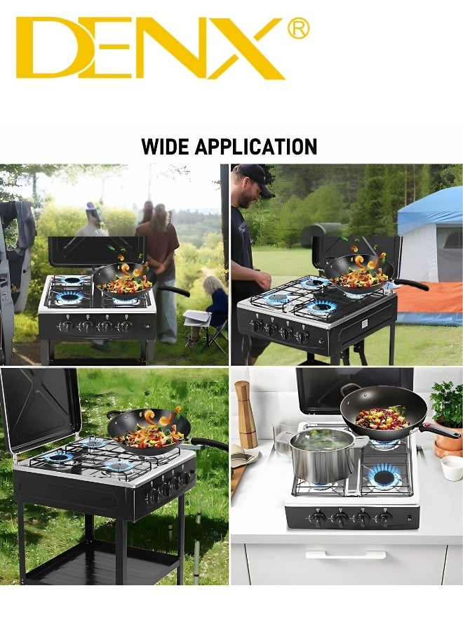 DENX 4-Burner Gas Stove Model DX2813 with Electronic Ignition, Desktop Design with Integrated Stand and Dual Storage Shelves, Heavy-Duty High-Temperature Painted Body, Ideal for Home Cooking, Camping, Outdoor Grilling, Fishing, and Emergency Use - Image 5