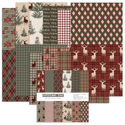 iKammo Christmas Scrapbook Paper Pad 1212Vintage Christmas Deer Patterned Papers 24 Sheets DoubleSided Merry Christmas Scrapbooking CardStock Paper Pad for Holiday Cardmaking DIY Origami Papers - Image 1