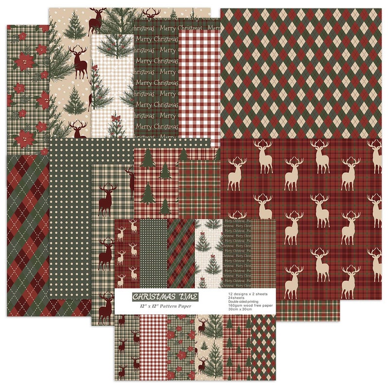 iKammo Christmas Scrapbook Paper Pad 1212Vintage Christmas Deer Patterned Papers 24 Sheets DoubleSided Merry Christmas Scrapbooking CardStock Paper Pad for Holiday Cardmaking DIY Origami Papers - Image 3
