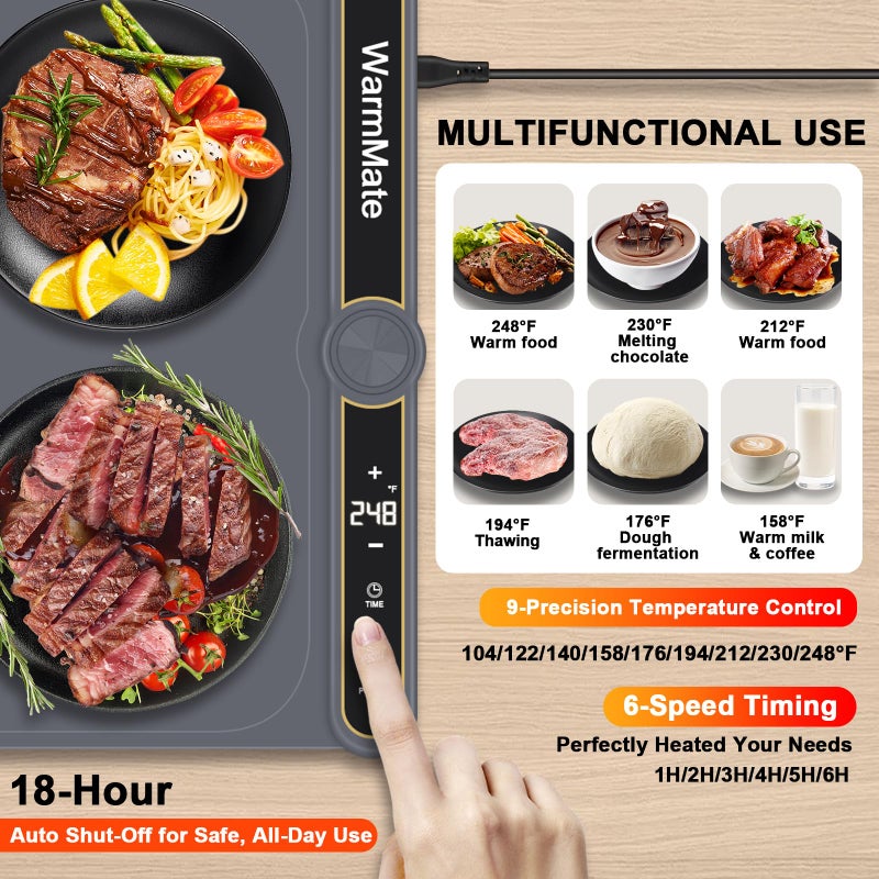 WarmMate Food Warming Matï¼ŒElectric Warming Tray with 9-Level Temperature Precision Control, 6H Timer,8s Full Surface Rapid Heating, Ideal for Buffets, Parties & Gatherings (Roll-Up Designï¼ŒDark Grey) - Image 2