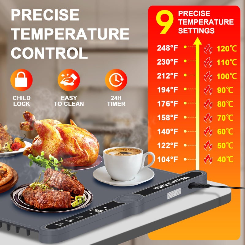 WarmMate Food Warming Matï¼ŒElectric Warming Tray with 9-Level Temperature Precision Control, 6H Timer,8s Full Surface Rapid Heating, Ideal for Buffets, Parties & Gatherings (Roll-Up Designï¼ŒDark Grey) - Image 3