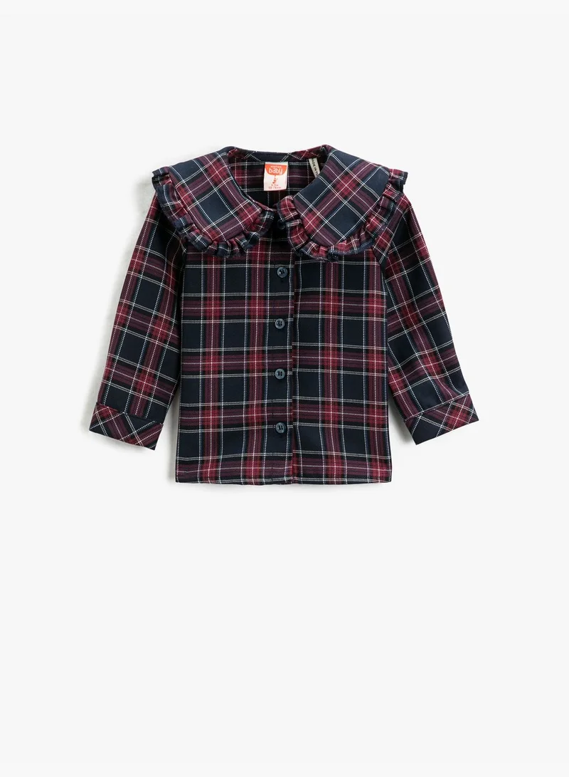 كوتون Wide Peter Pan Neck Shirt Ruffled Detail Long Sleeve