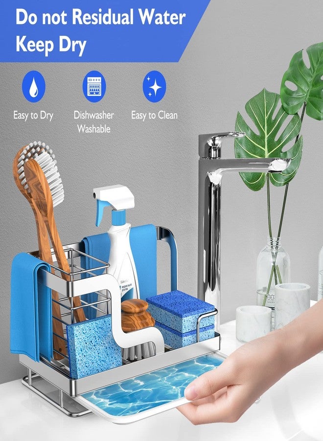 MEYONER Sink Caddy Organizer, Stainless Steel Countertop Organizer, Sponge Holder with Removable Drain Pan for Sponge, Brush, Dishcloth, Dish Soap, Bottles (Silver) - Image 3