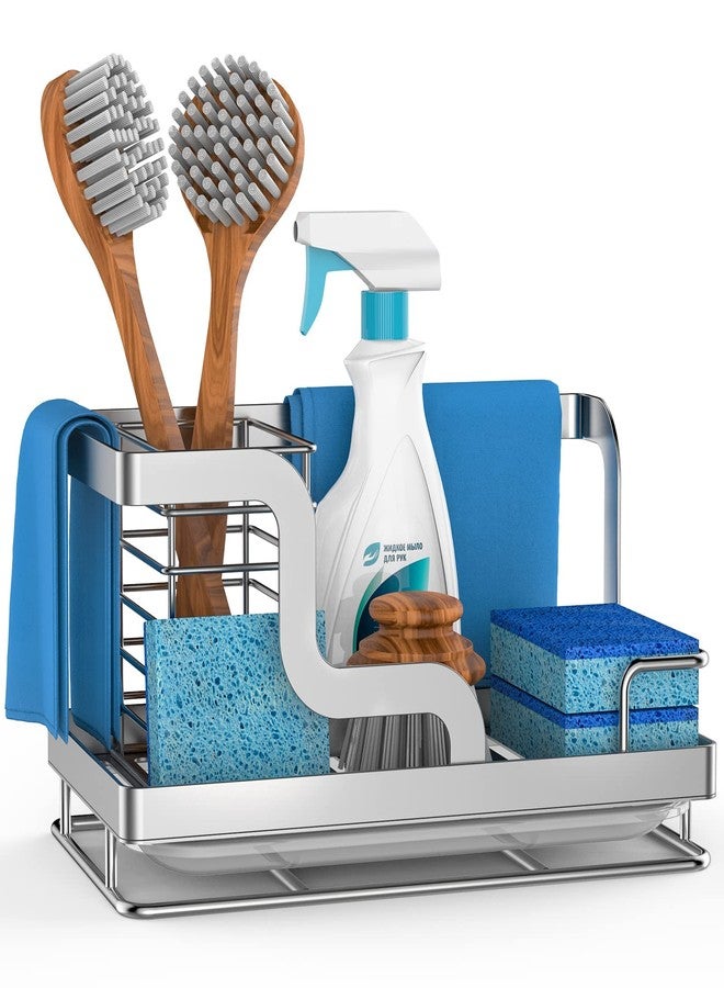 MEYONER Sink Caddy Organizer, Stainless Steel Countertop Organizer, Sponge Holder with Removable Drain Pan for Sponge, Brush, Dishcloth, Dish Soap, Bottles (Silver) - Image 1