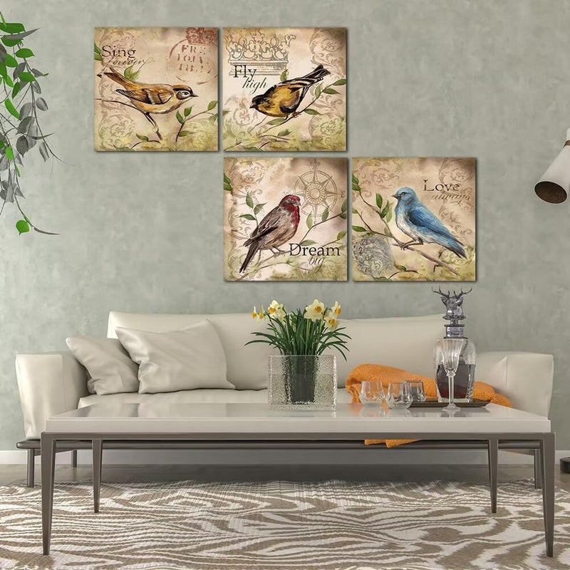 Wall HDQ Bird Wall Art Hummingbird Wall Decor Inspirational Quote Canvas Painting Retro Brown Print Picture for Bathroom Living Room Bedroom Home Decor (10''x10'' x 4Pcs) - Image 5