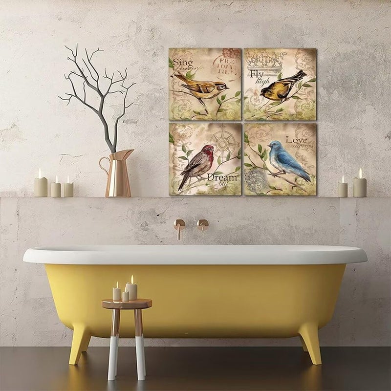 Wall HDQ Bird Wall Art Hummingbird Wall Decor Inspirational Quote Canvas Painting Retro Brown Print Picture for Bathroom Living Room Bedroom Home Decor (10''x10'' x 4Pcs) - Image 2