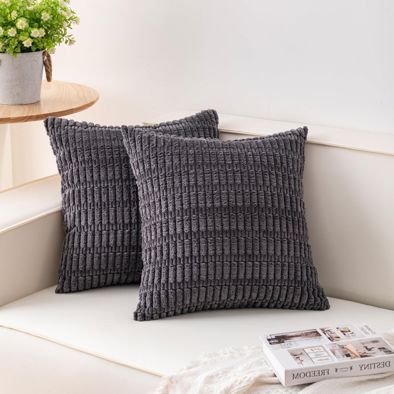 Aegero Pack of 2 Corduroy Decorative Throw Pillow Covers 18x18 InchSoft Boho Striped Pillow Covers Modern Farmhouse Home Decor for Sofa Living Room Couch Bed（Dark Grey） - Image 1