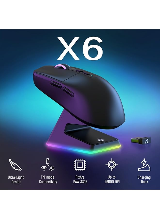 Attack Shark X6 Wireless Gaming Mouse Rgb Magnetic Charging Dock 49G Ultralight X3 Upgrade Tri Mode 2.4Ghz/Bt5.2/Usb C Paw3395 Sensor 26Kdpi G502 Programmable Mice For Win/Mac Black  - Image 2
