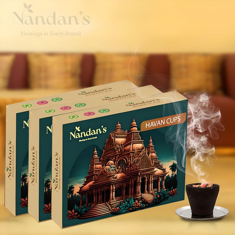 Nandans Aroma Pack of 3 Havan Cups for Pooja 36 pcs Cow Dung Outer Shell Hawan Natural Herbs Organic TulsiLavender and Sandalwood Rose or Jasmine Dried Flowers Dhoop Cups - Image 1