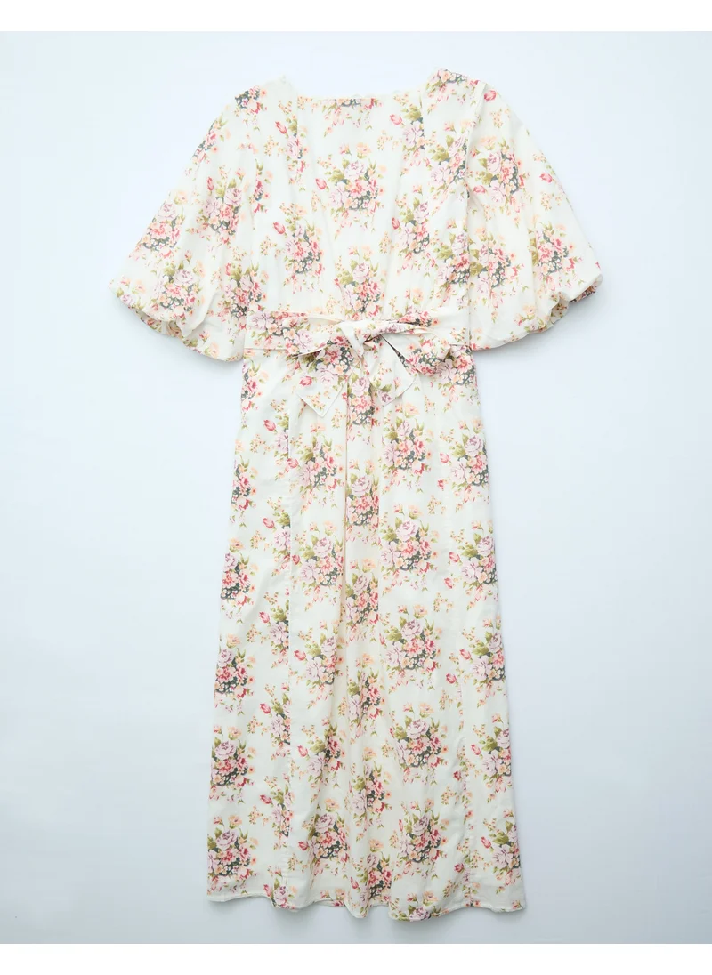 American Eagle AE Linen-Blend Puff Sleeve Tie Back Midi Dress