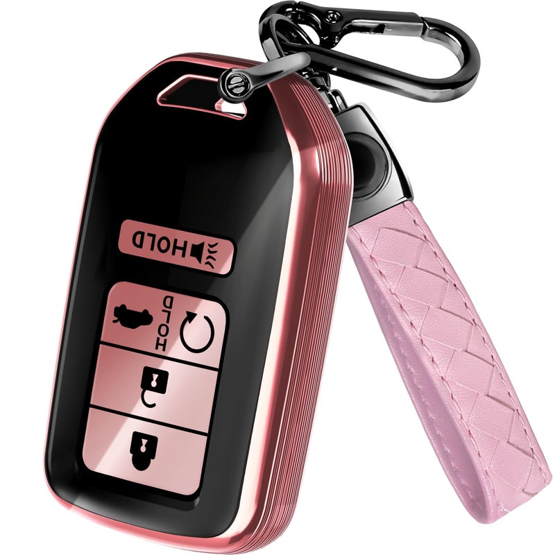 Lucrum Compatible with Honda Key Fob Cover Leather Keychain TPU Keyfob Case for Accord Civic CRV HRV Pilot Ridgeline Crosstour Fit For 5 Button Remote 20152021 Pink and Black - Image 3