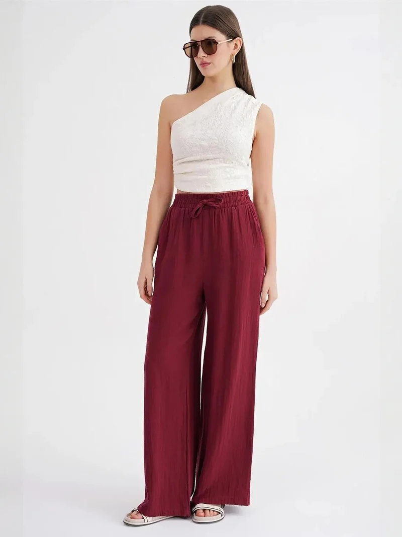 Mixray Burgundy Red Mixray High Waist Textured Muslin Fabric Pants for Women | Best Price UAE