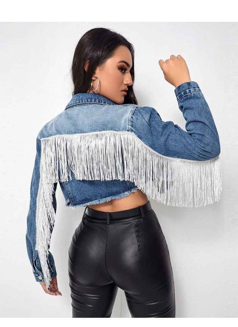 Fashionable tassel denim jacket for women Dark blue