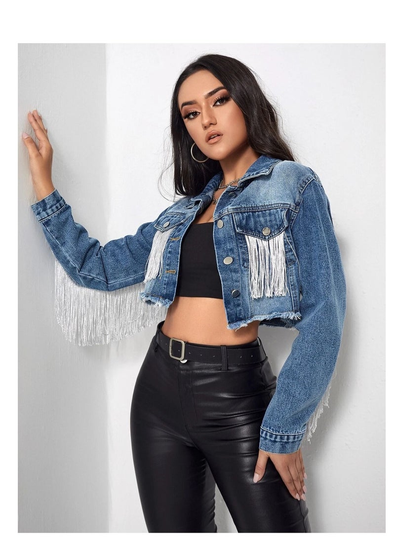 Fashionable tassel denim jacket for women Dark blue