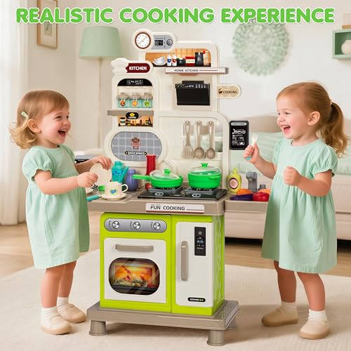 TooyBing Kids Kitchen Playset Toddler Play Kitchen Set Toys with Sound Light Cooking Stove Play Sink Play Food Kitchen Accessories Pretend Kitchen Toy for Kids Toddlers Girls Green - Image 5