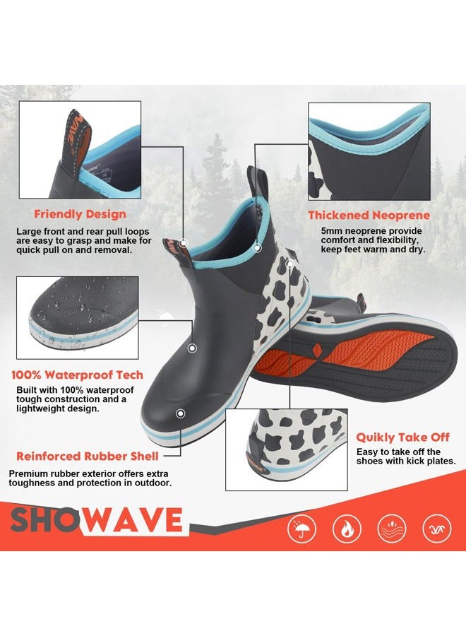 Showave Women's Deck Boots Waterproof Ankle Rain Boots Comfort Sports Boat Booties Non-slip Rubber Boots, Cow Print,Size 9 - Image 5