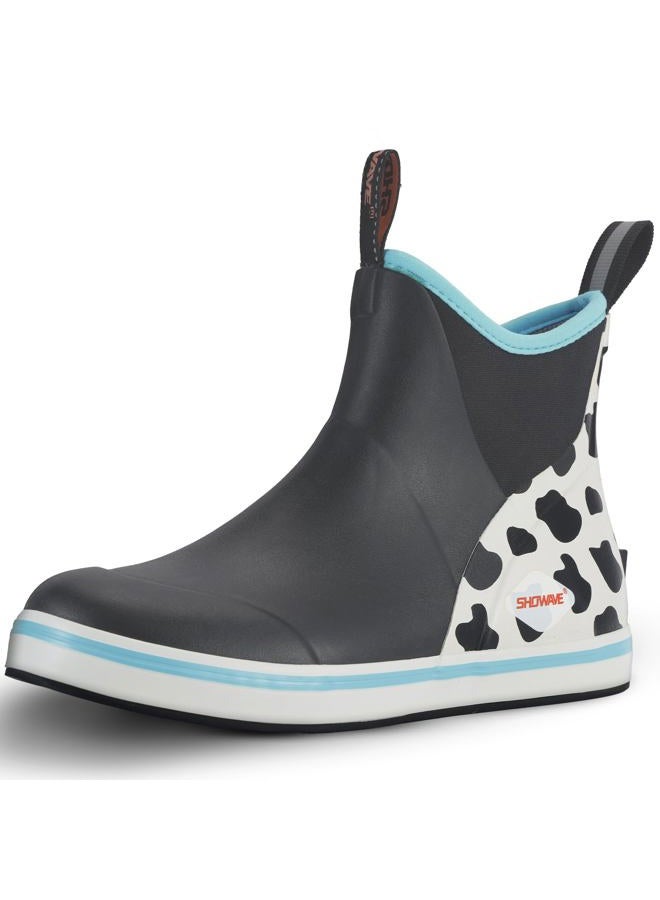 Showave Women's Deck Boots Waterproof Ankle Rain Boots Comfort Sports Boat Booties Non-slip Rubber Boots, Cow Print,Size 9 - Image 1