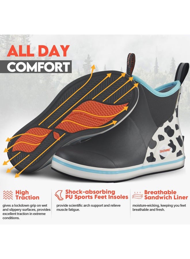 Showave Women's Deck Boots Waterproof Ankle Rain Boots Comfort Sports Boat Booties Non-slip Rubber Boots, Cow Print,Size 9 - Image 4