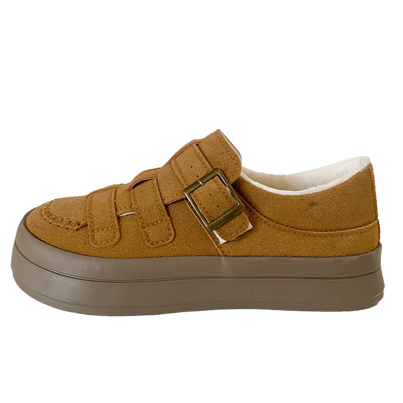 BE-6808 fleece-lined/three-color/thick bottom buckle Bocon shoes womens shoes 2024 new shoes casual bread shoes Caramel color