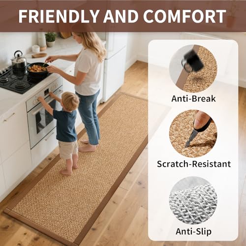 YDKGL Kitchen Rugs Non Slip Washable Super Absorbent Kitchen Mats for Floor Rubber Backing JuteLike Braid Kitchen Sink Mat Runner Rug Standing Floor Mat Easy to Clean Brown 17x47 - Image 3