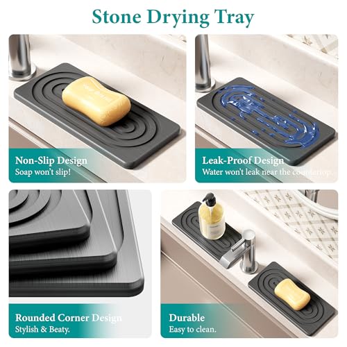 MAGKOTA Water Absorbing Stone Tray for Sink, Quick Drying Diatomite Bathroom Tray Countertop, Stone Drying Mat for Kitchen Counter Faucet, Soap Dish Dispenser Vanity Organizer, Dark Grey-B-8.3" x 4" - Image 4