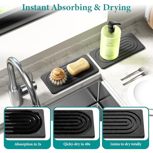 MAGKOTA Water Absorbing Stone Tray for Sink, Quick Drying Diatomite Bathroom Tray Countertop, Stone Drying Mat for Kitchen Counter Faucet, Soap Dish Dispenser Vanity Organizer, Dark Grey-B-8.3" x 4" - Image 3