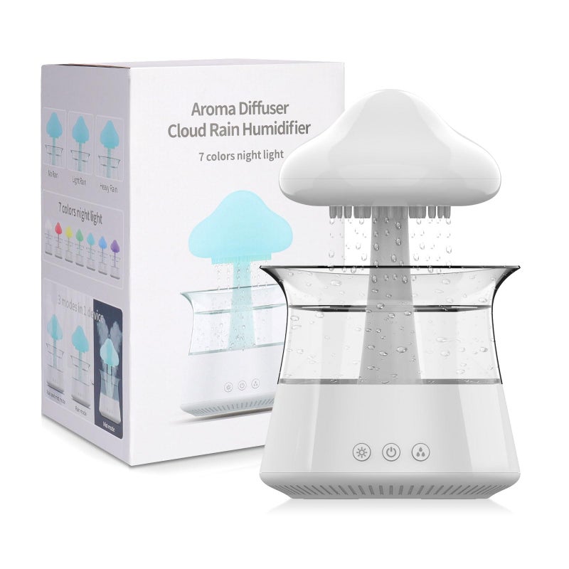 Cloud Rain Humidifier for bedroom with Soothing Rain Sounds  Bedroom Sleep Aid Waterfall Night Light Mushroom Design Air Moisturizer for bedroom and living room White